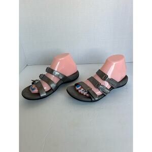 Vionic Orthopedic Strappy Comfort Slip On Sandals Gray Adj Leather Flat Sz 8